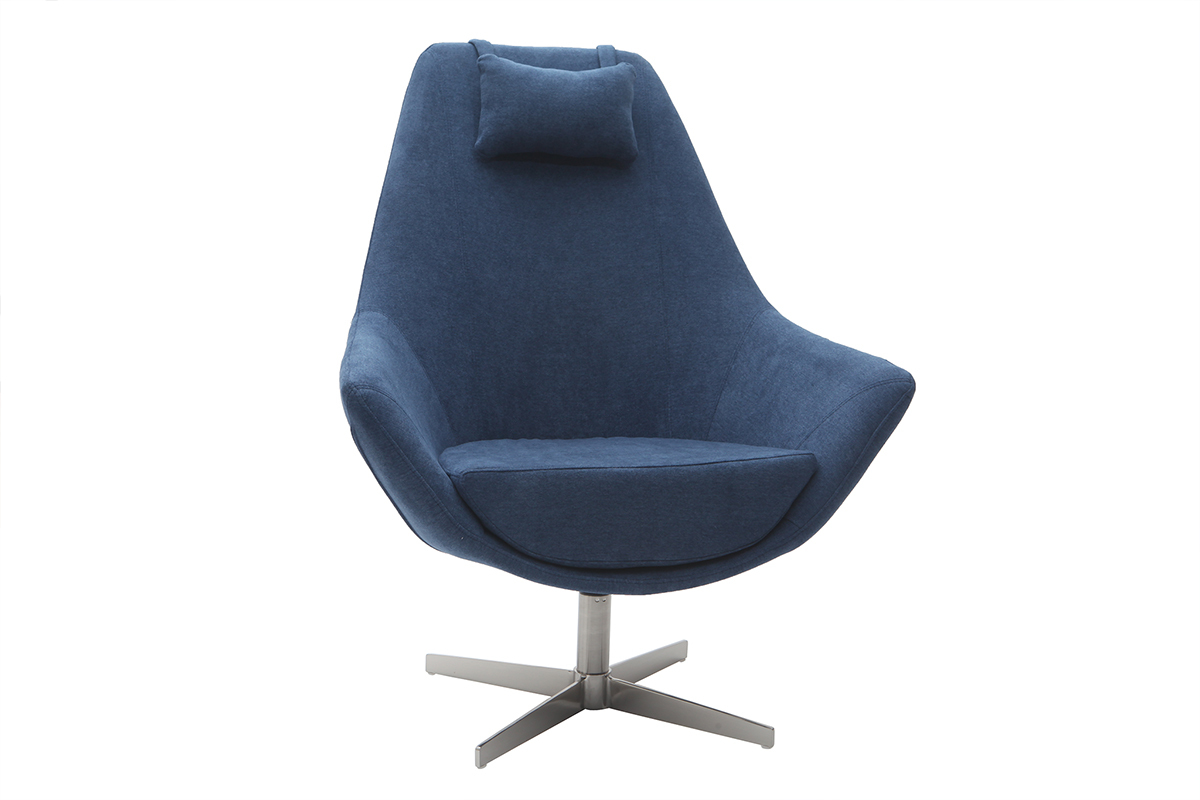 Poltrona desing girevole in tessuto blu e piede metallico AMEDEO