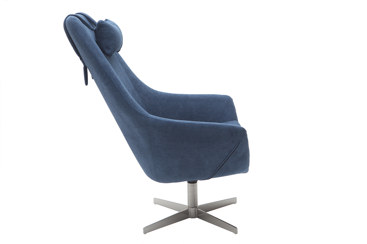 Poltrona desing girevole in tessuto blu e piede metallico AMEDEO