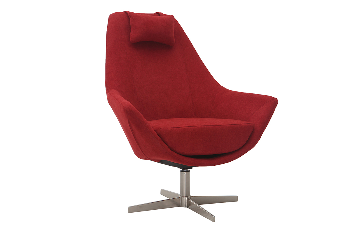 Poltrona desing girevole in tessuto rosso e piede metallico AMEDEO