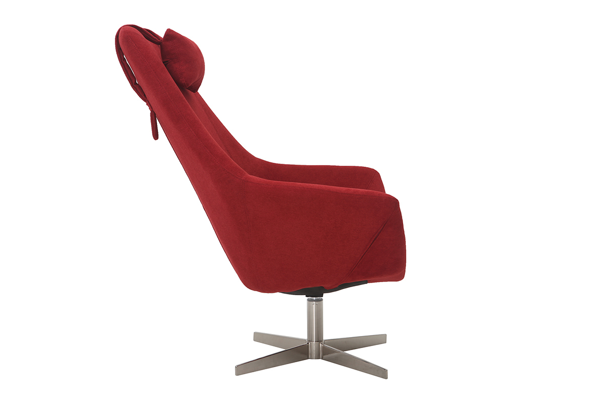 Poltrona desing girevole in tessuto rosso e piede metallico AMEDEO