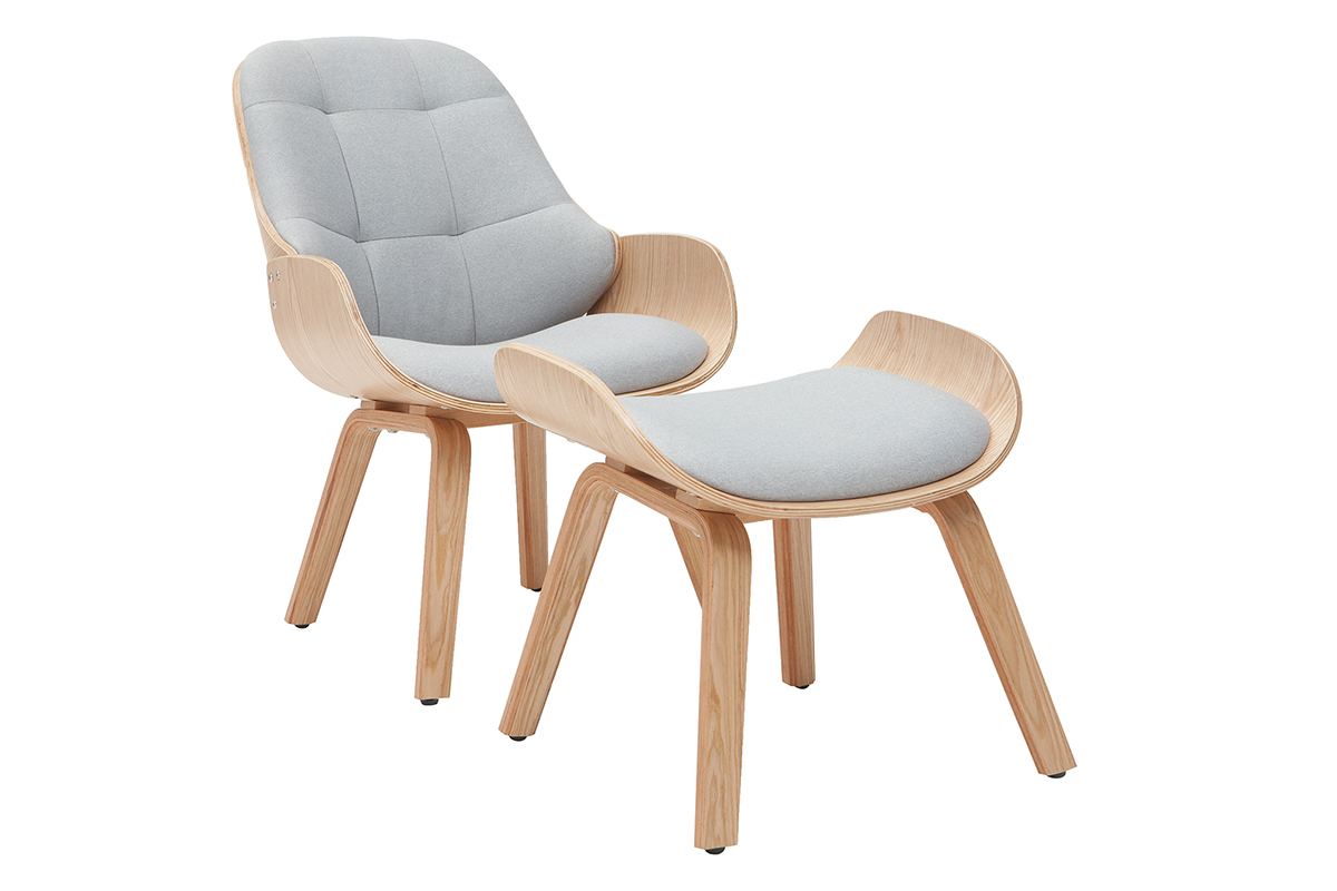 Poltrona di design con poggiapiedi in tessuto grigio chiaro e legno VIVI
