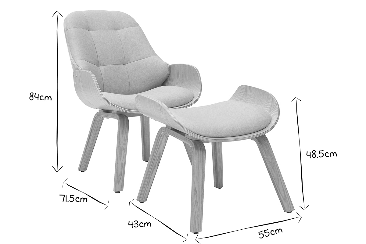 Poltrona di design con poggiapiedi in tessuto grigio chiaro e legno VIVI