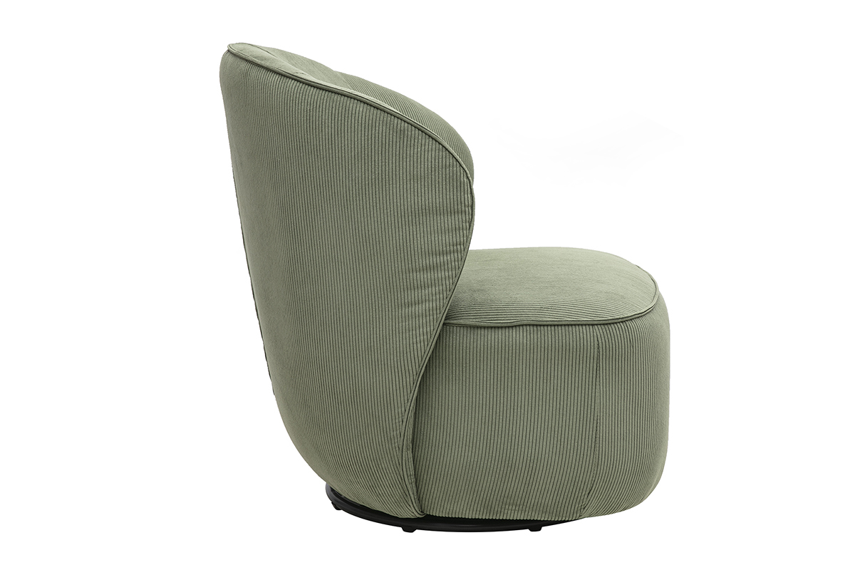 Poltrona di design girevole in tessuto velluto a coste verde kaki, vista laterale