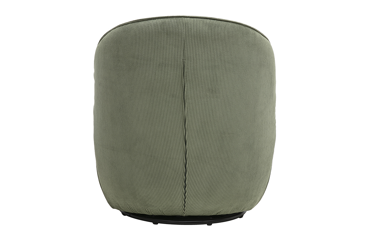 Poltrona di design girevole in tessuto velluto a coste verde kaki, vista da dietro, curve morbide.