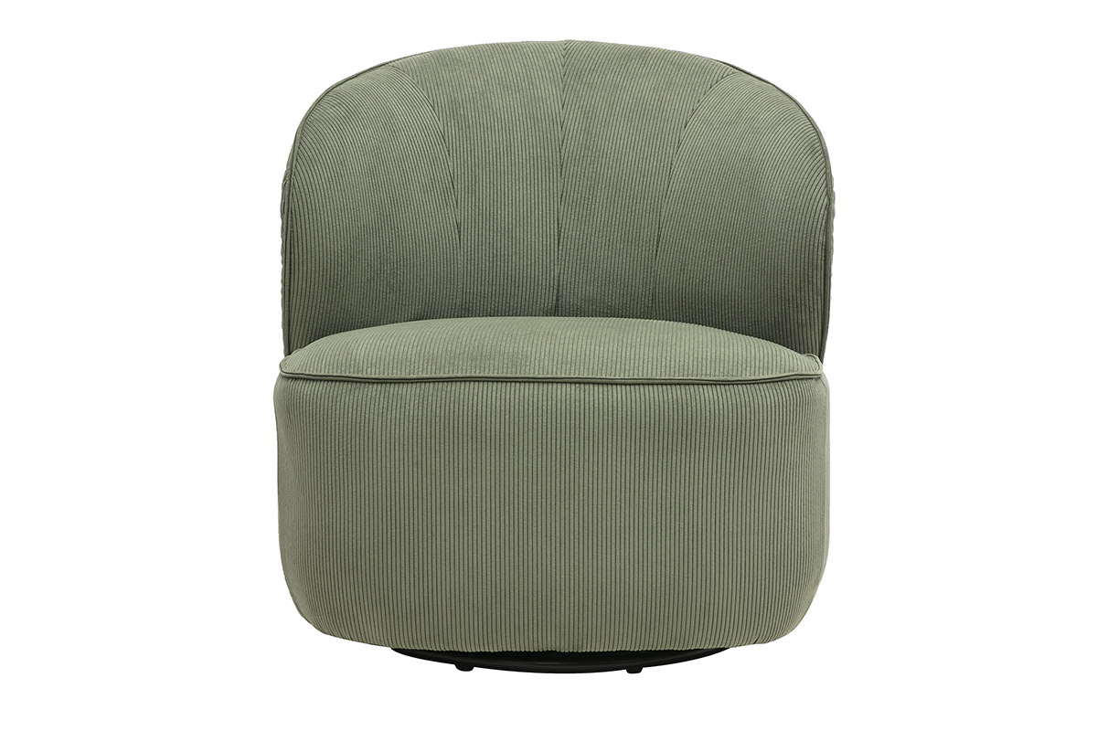 Poltrona di design girevole in tessuto velluto a coste verde kaki, vista frontale