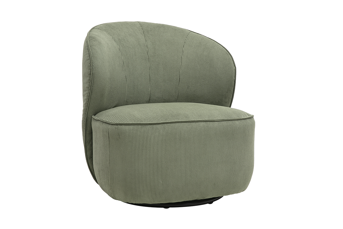 Poltrona design girevole in tessuto velluto a coste verde kaki, vista a 3/4.