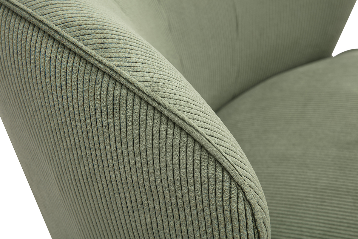 D�tail du fauteuil design pivotant en tissu velours c�tel� vert kaki AMBER, vue rapproch�e.