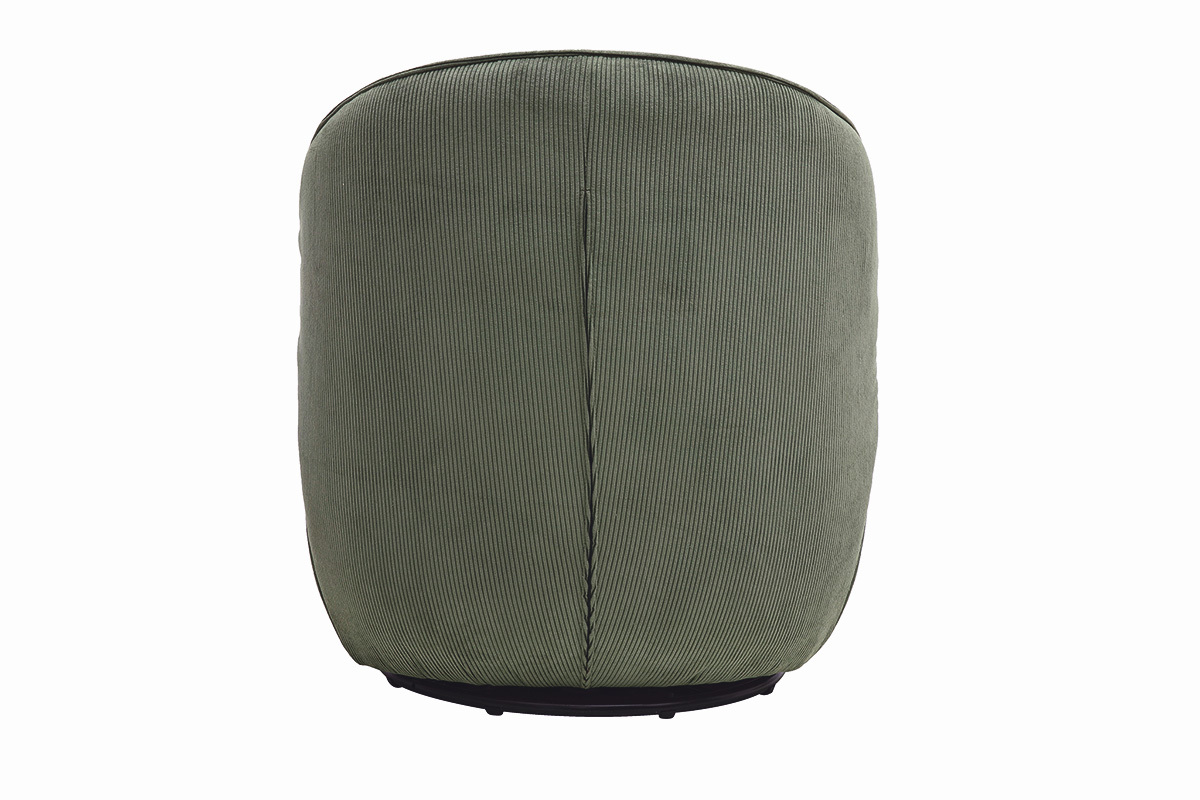 Sedia girevole di design in tessuto velluto a coste verde kaki vista da dietro.