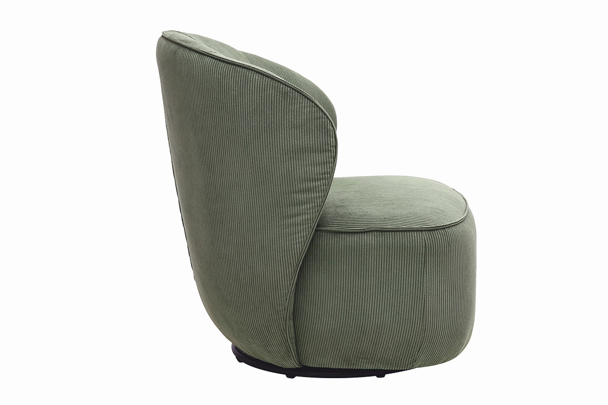 Poltrona di design girevole in tessuto velluto a coste verde kaki, vista laterale