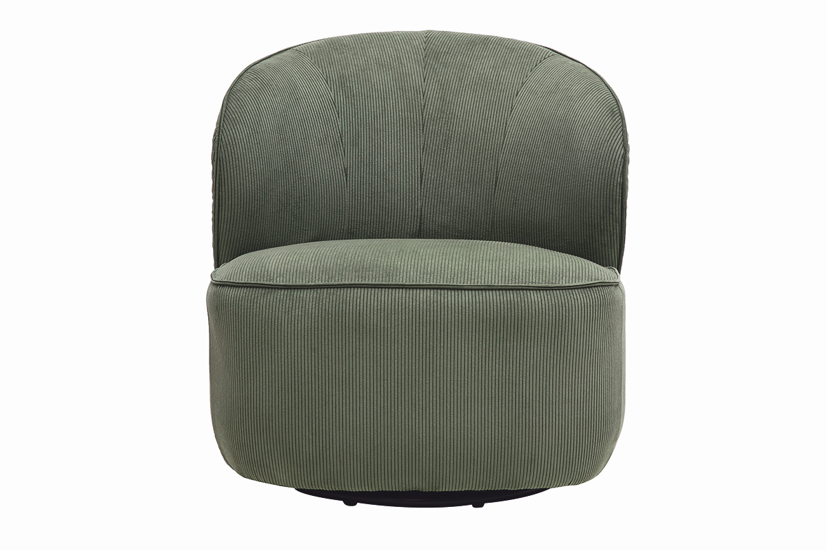 Poltrona di design girevole in tessuto di velluto a coste verde kaki, vista frontale
