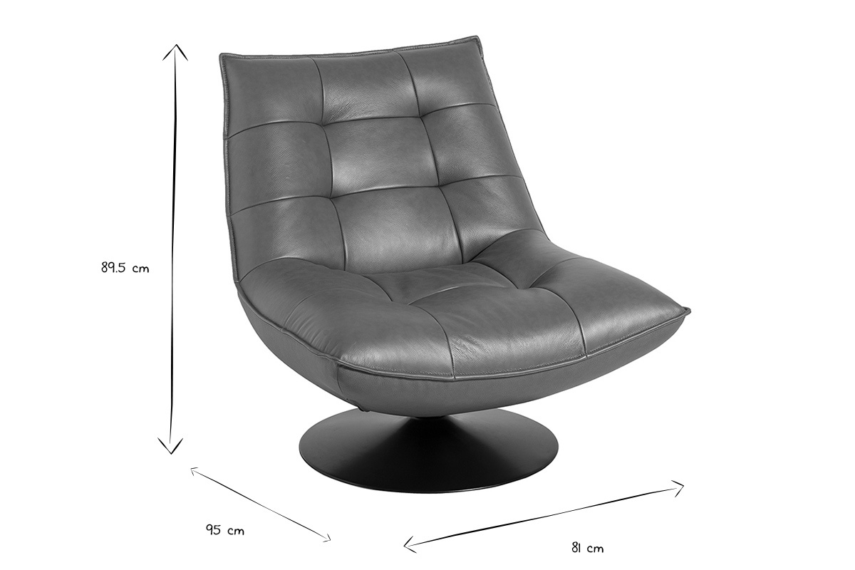 Poltrona girevole HUXLEY in pelle marrone, dimensioni: H89.5 x L81 x P95 cm, in bianco e nero.