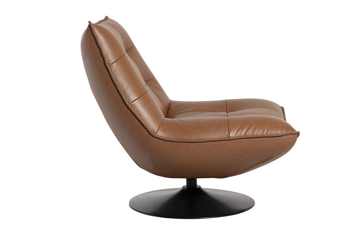 Poltrona girevole in pelle marrone e metallo nero HUXLEY