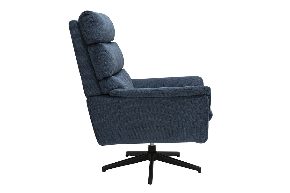 Poltrona girevole in tessuto chenille blu scuro e metallo nero JONAH