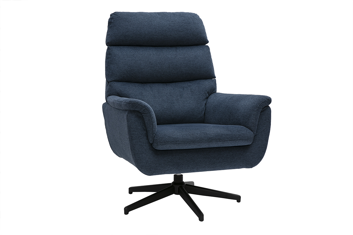Poltrona girevole in tessuto chenille blu scuro e metallo nero JONAH