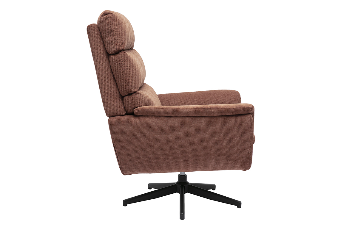 Poltrona girevole JONAH in tessuto chenille color terra bruciata, vista di profilo con base in metallo nero.