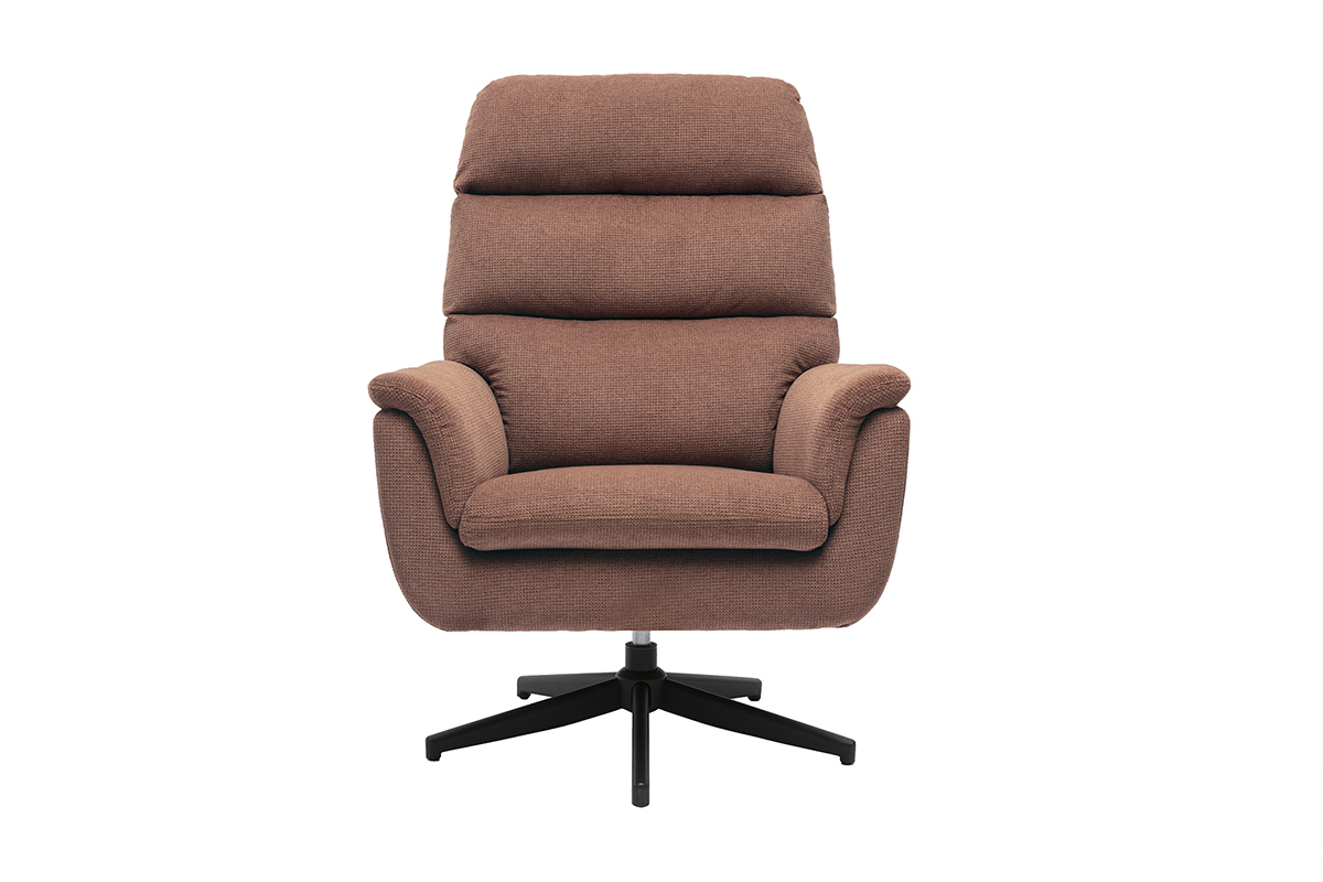 Poltrona girevole in tessuto chenille color terra bruciata con base in metallo nero, vista frontale