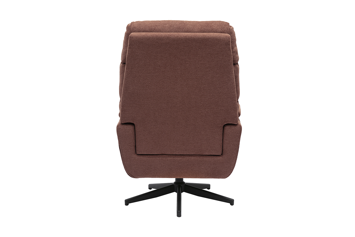 Poltrona girevole JONAH in tessuto chenille color terra bruciata vista da dietro, con base in metallo nero.