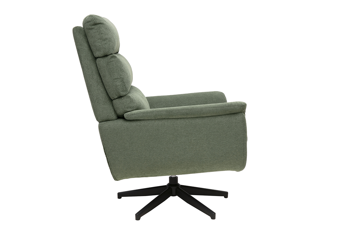 Poltrona girevole in tessuto verde kaki di profilo, base in metallo nero.