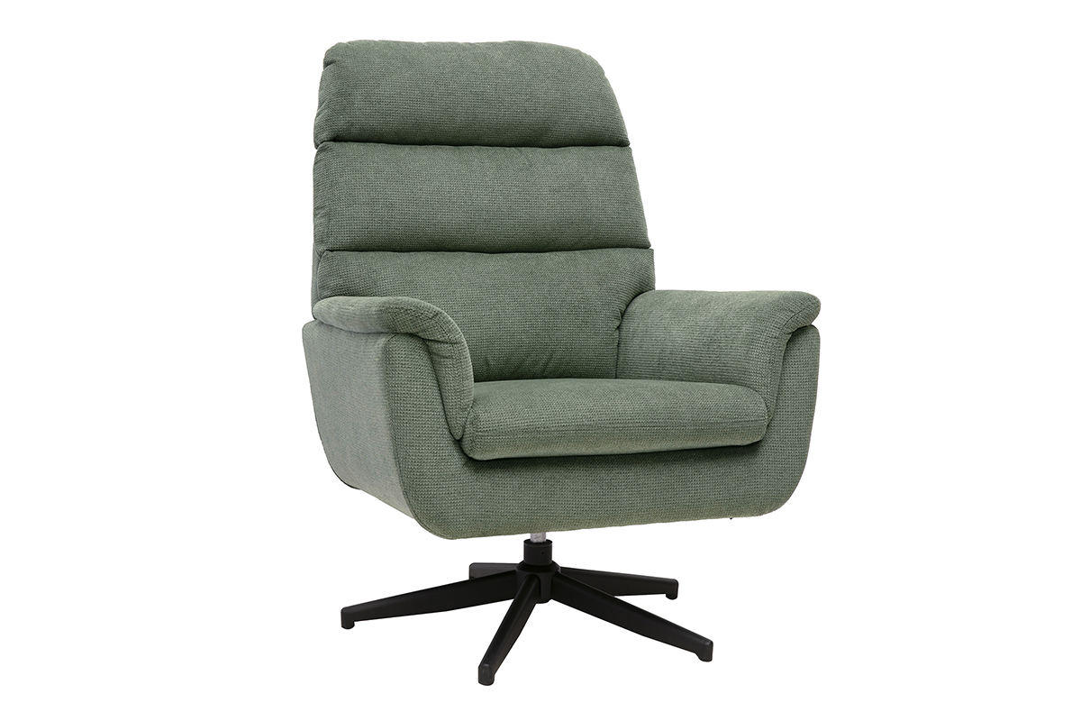 Poltrona girevole in tessuto verde kaki con base in metallo nero, vista da tre quarti.