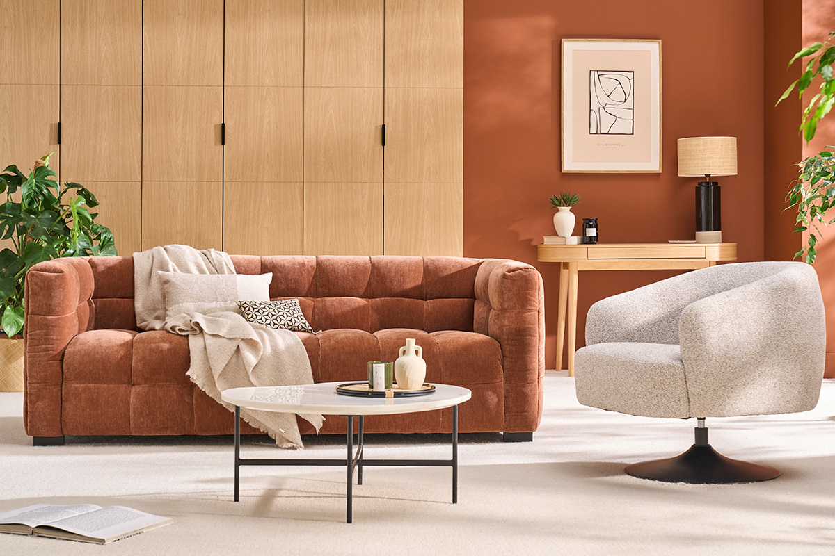 Poltrona girevole in tessuto effetto boucl beige e metallo nero BOWIE