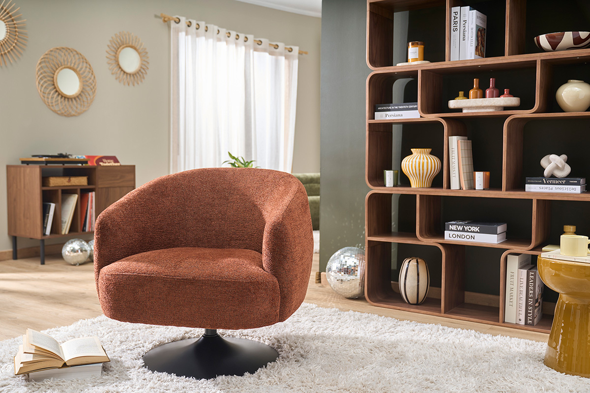 Poltrona girevole in tessuto effetto ciniglia spazzolata terra bruciata e metallo nero BOWIE