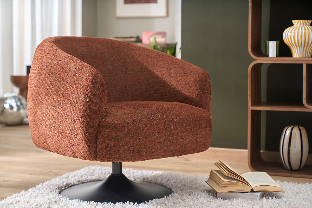 Poltrona girevole in tessuto effetto ciniglia spazzolata terra bruciata e metallo nero BOWIE