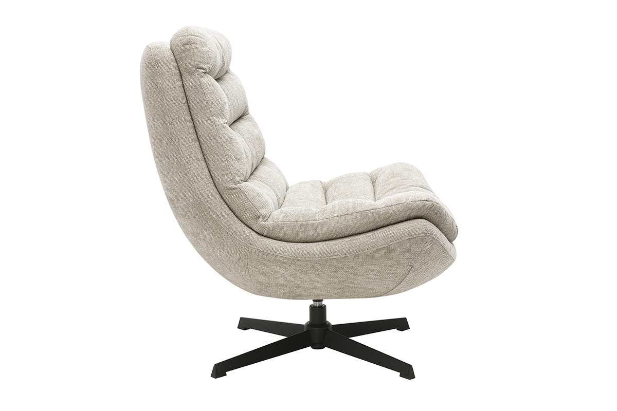 Poltrona girevole in tessuto effetto velluto testurizzato beige, vista di profilo, con base in metallo nero.