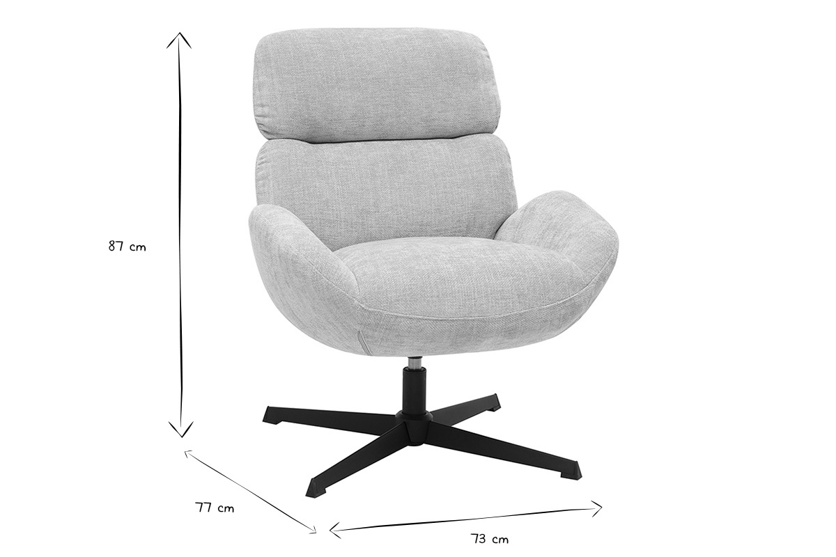 Dimensioni della poltrona girevole KLEM: L73 x P77 x H87 cm in nero e bianco.