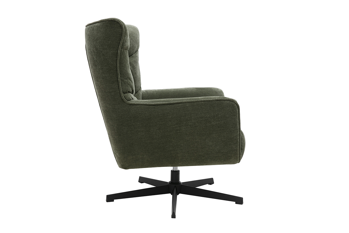 Poltrona girevole in tessuto effetto velluto verde kaki, vista di profilo, con base in metallo nero.