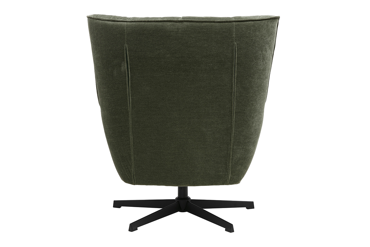 Vista posteriore della poltrona girevole in tessuto effetto velluto verde kaki con gambe in metallo nero.