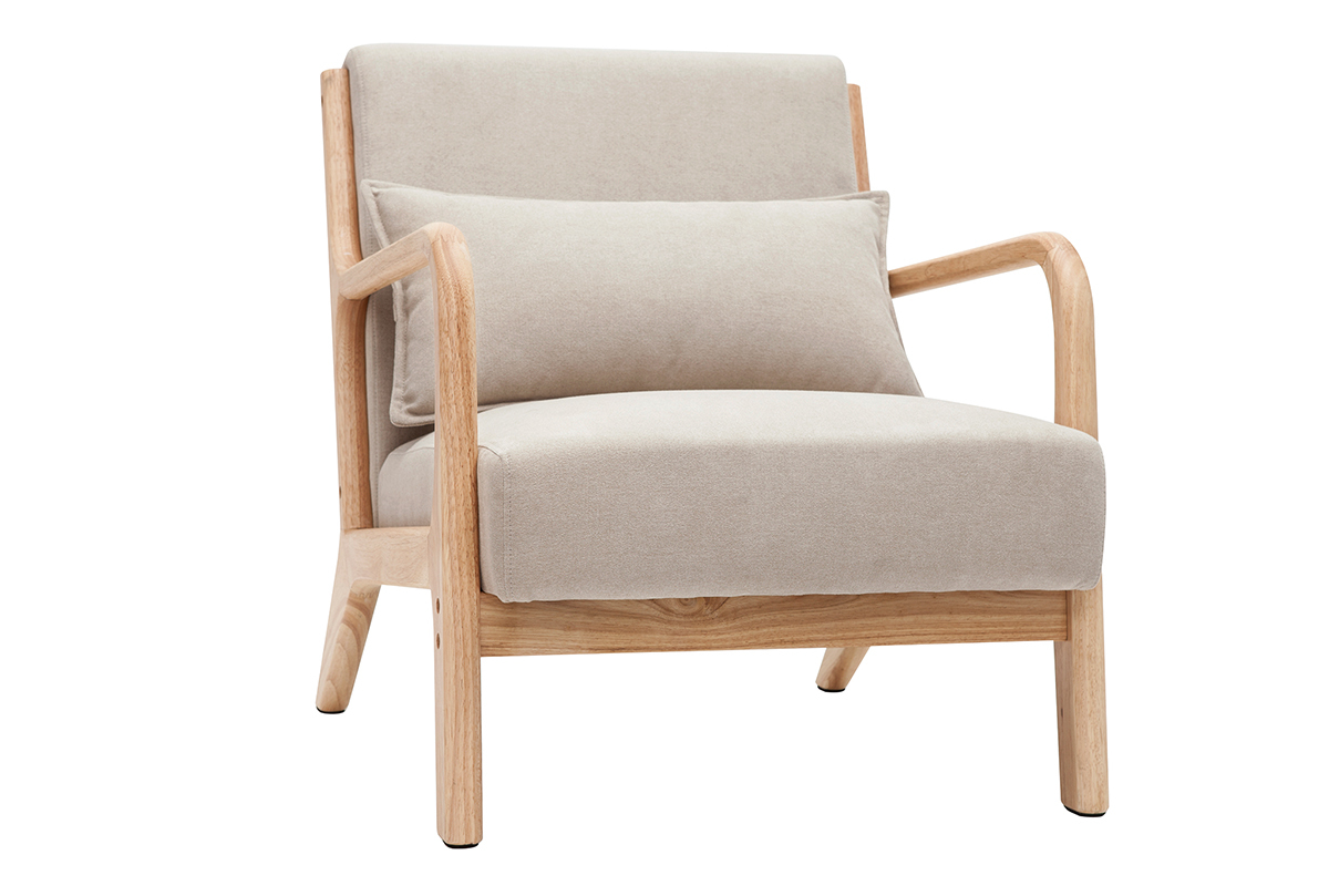 Poltrona in legno chiaro e tessuto effetto velluto beige DERRY