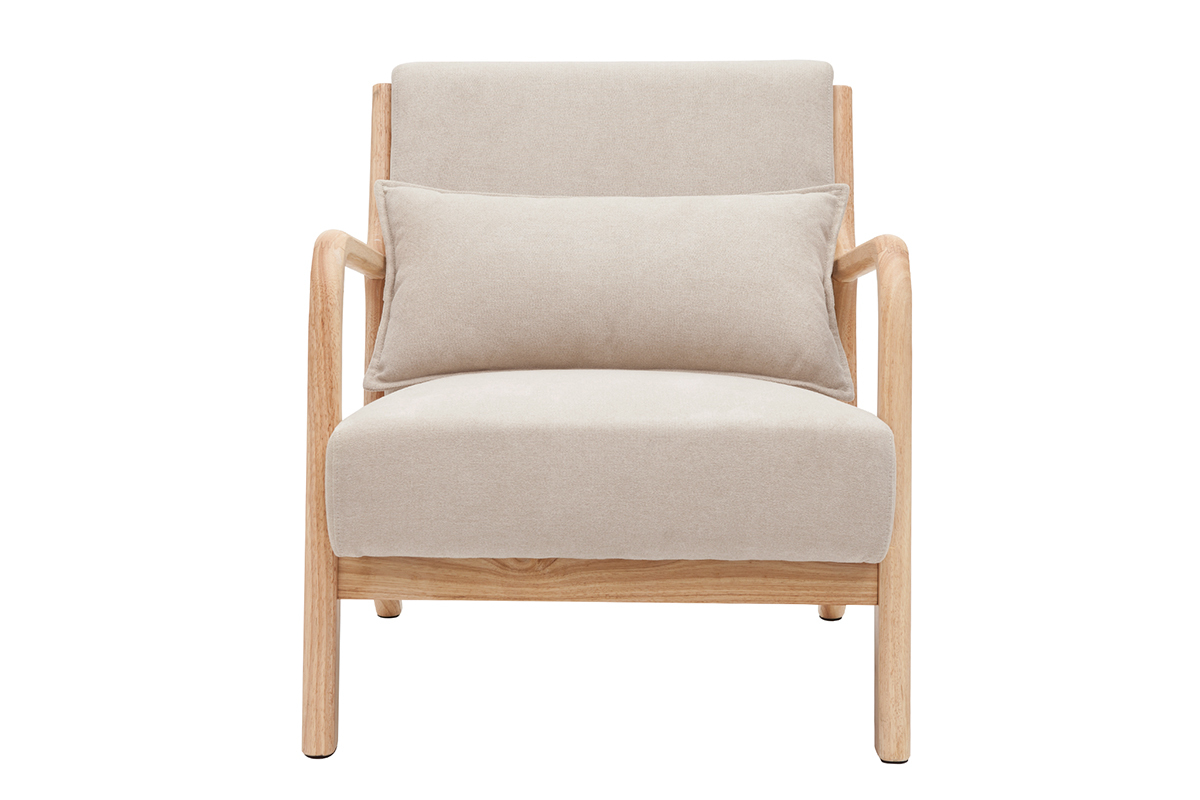 Poltrona in legno chiaro e tessuto effetto velluto beige DERRY