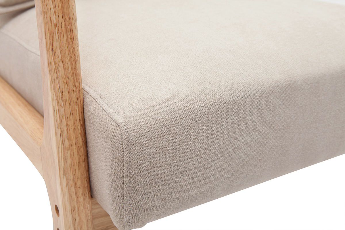 Poltrona in legno chiaro e tessuto effetto velluto beige DERRY