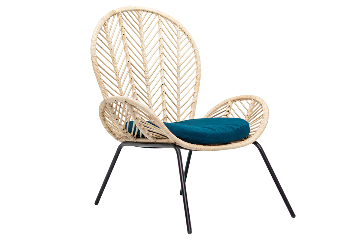 Poltrona in rattan e tessuto blu petrolio PEACOCK