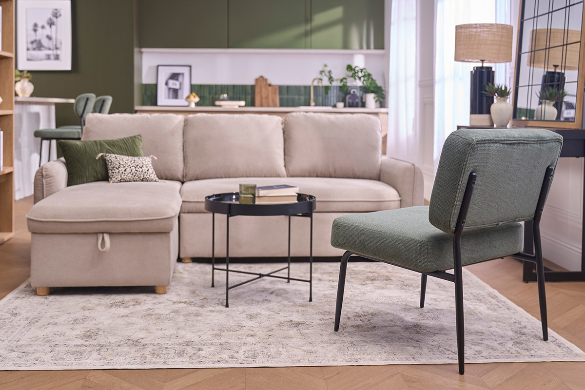 Poltrona in tessuto ciniglia verde kaki e metallo nero VEDANA