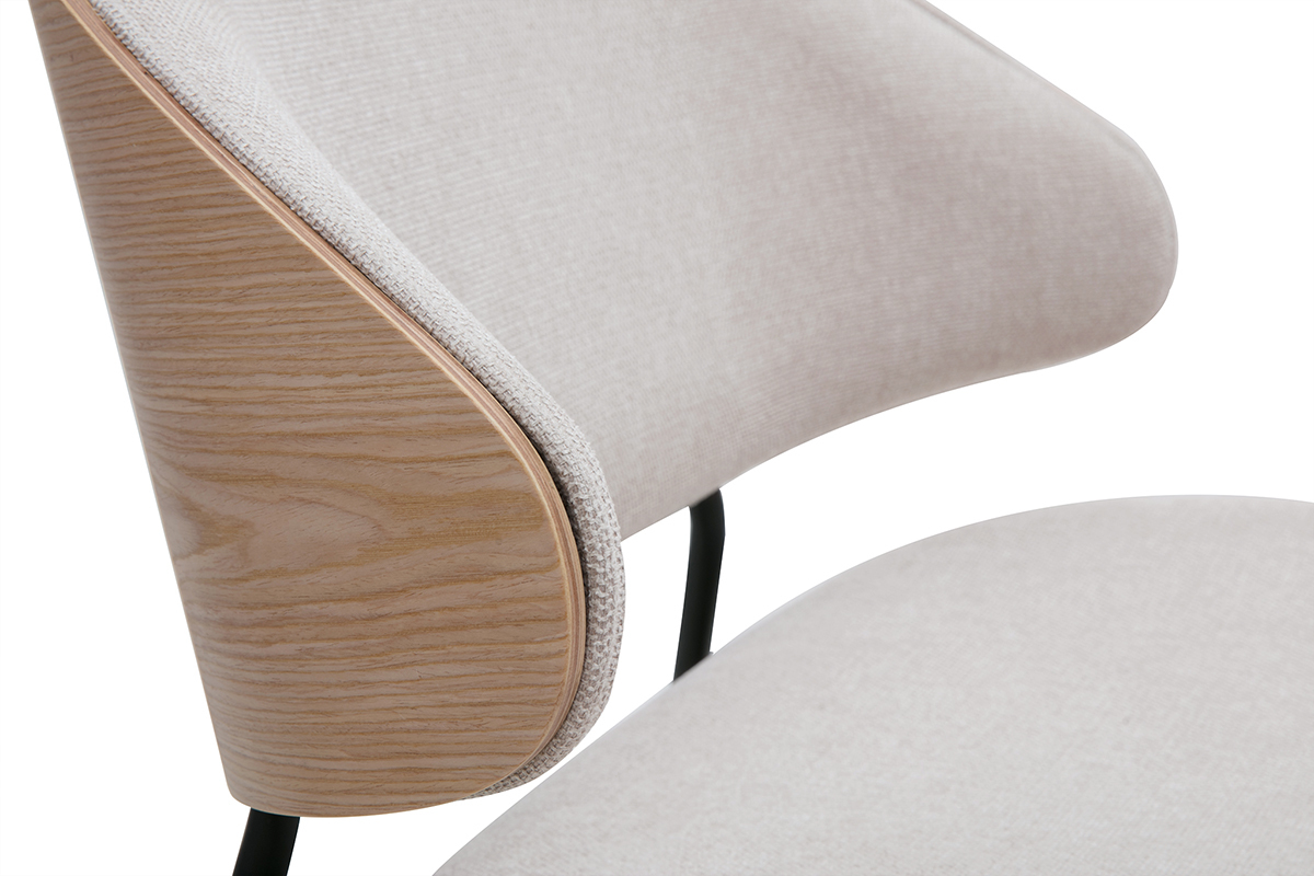 Poltrona FABULO in tessuto beige, legno chiaro e metallo, vista dettagliata dello schienale.