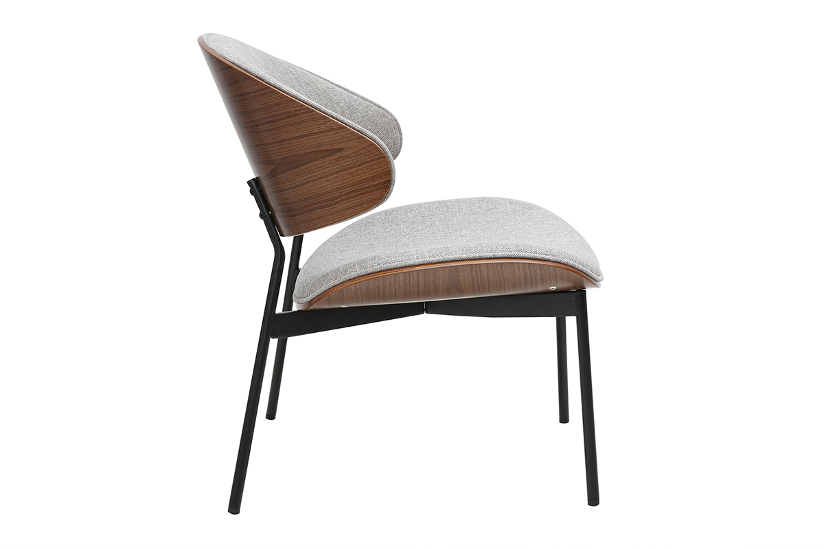 Poltrona in tessuto effetto velluto grigio testurato, legno scuro e metallo nero FABULO