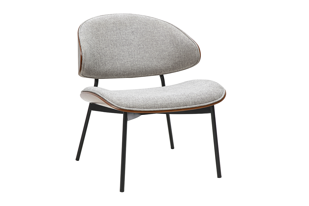 Poltrona in tessuto effetto velluto grigio testurato, legno scuro e metallo nero FABULO