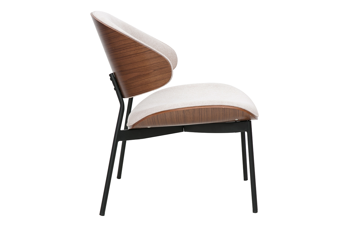Poltrona in tessuto effetto velluto testurizzato beige, legno scuro e metallo nero FABULO
