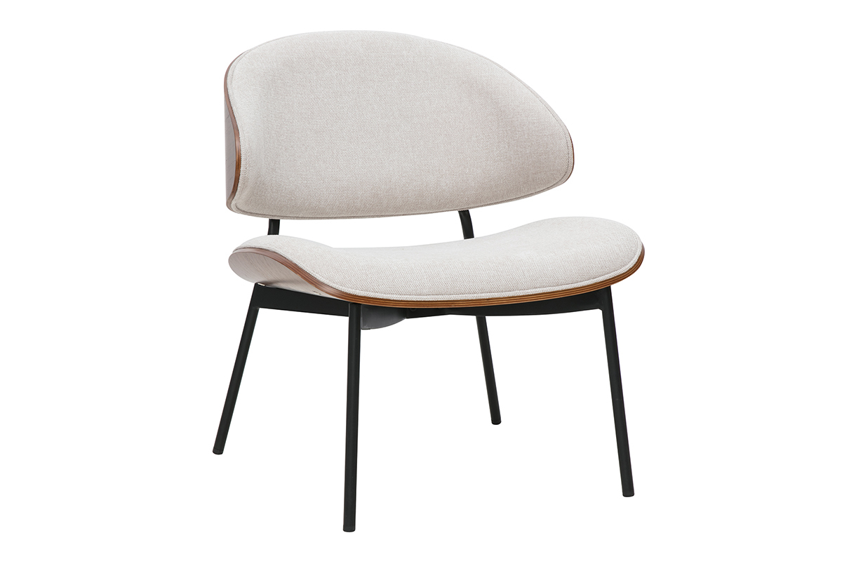 Poltrona in tessuto effetto velluto testurizzato beige, legno scuro e metallo nero FABULO