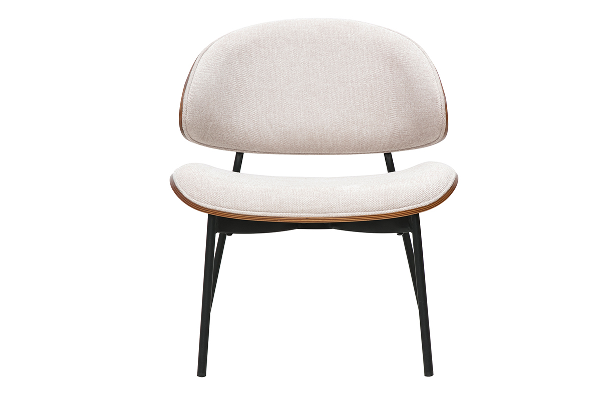 Poltrona in tessuto effetto velluto testurizzato beige, legno scuro e metallo nero FABULO