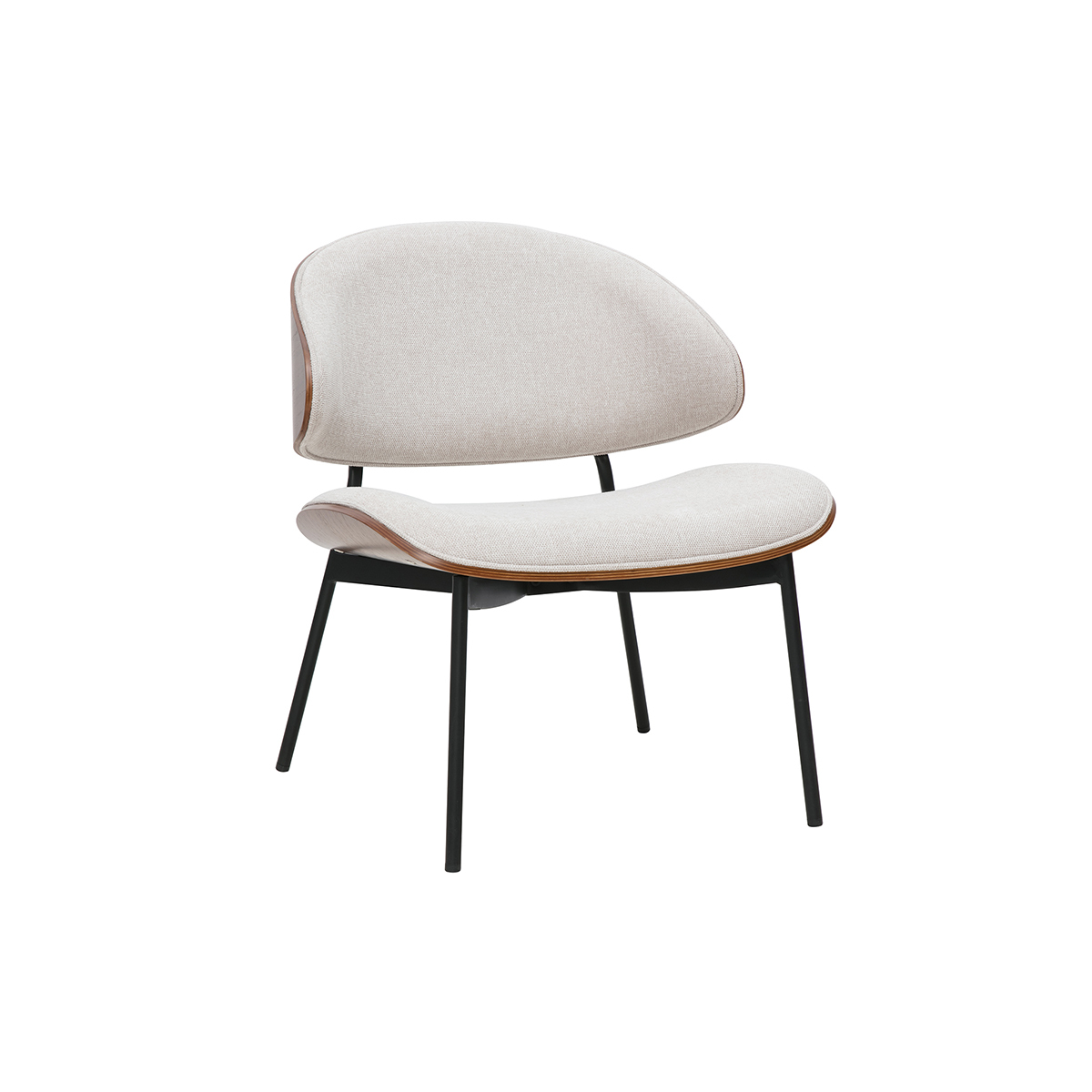 Poltrona in tessuto effetto velluto testurizzato beige, legno scuro e metallo nero FABULO