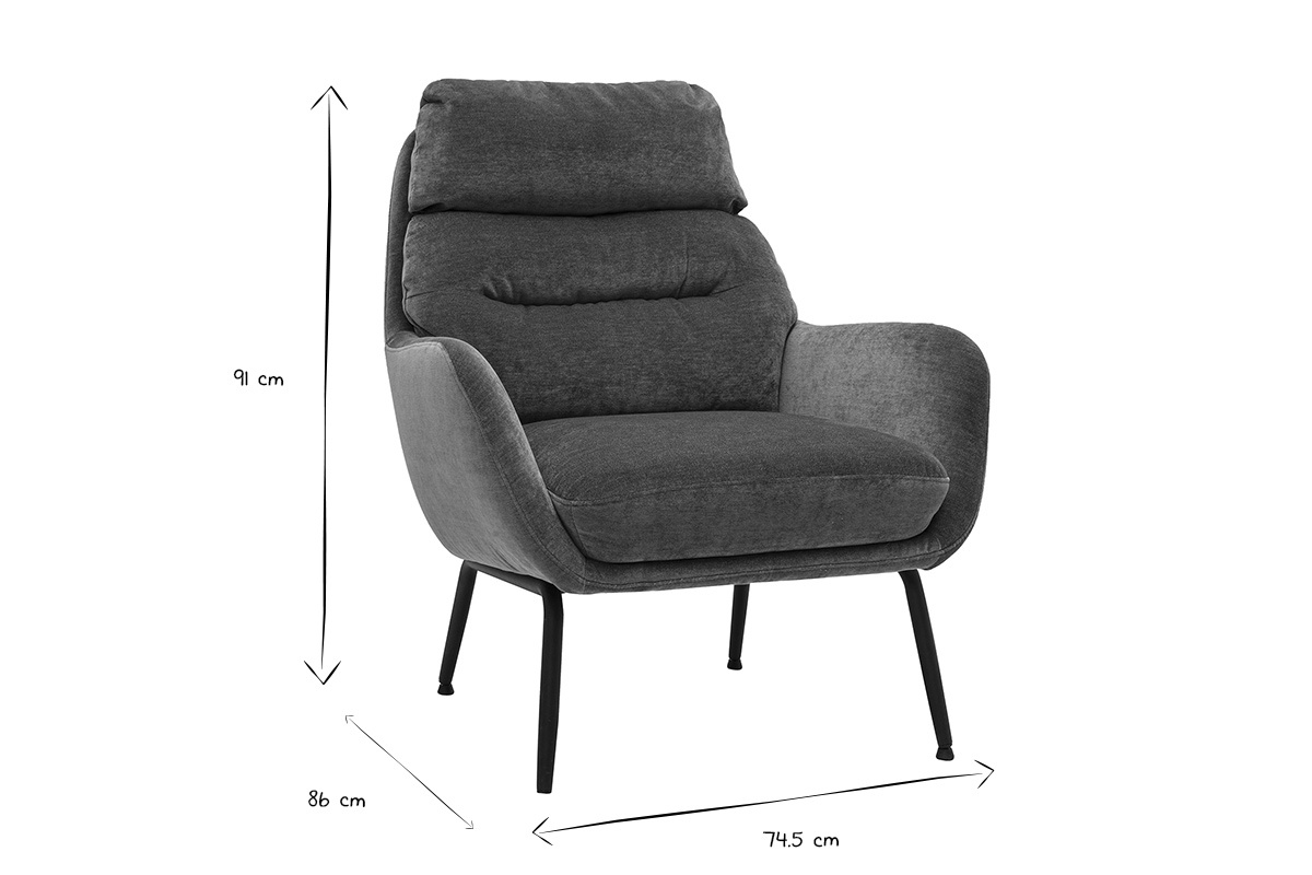 Dimensioni della poltrona BENI: L74,5 x P86 x H91 cm, disegno in bianco e nero.