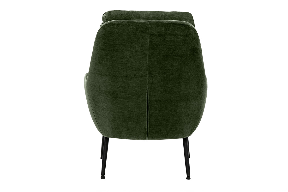Poltrona in tessuto velluto verde kaki vista da dietro, con piedini in metallo nero.