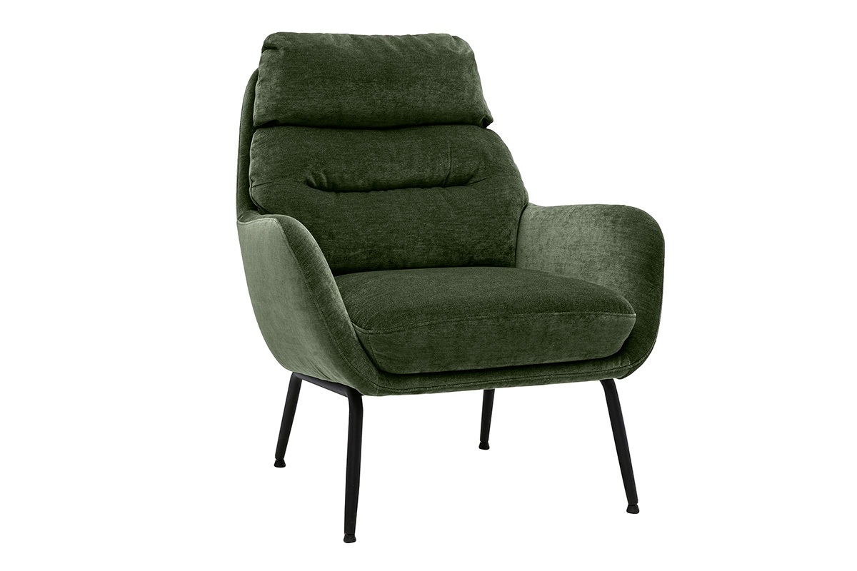 Poltrona in tessuto effetto velluto verde kaki e metallo nero BENI