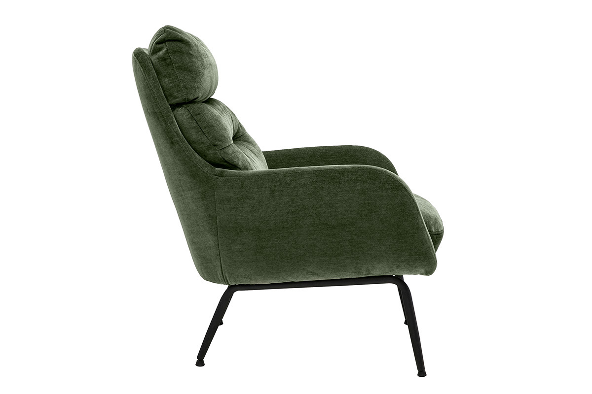 Poltrona in tessuto effetto velluto verde kaki e metallo nero BENI