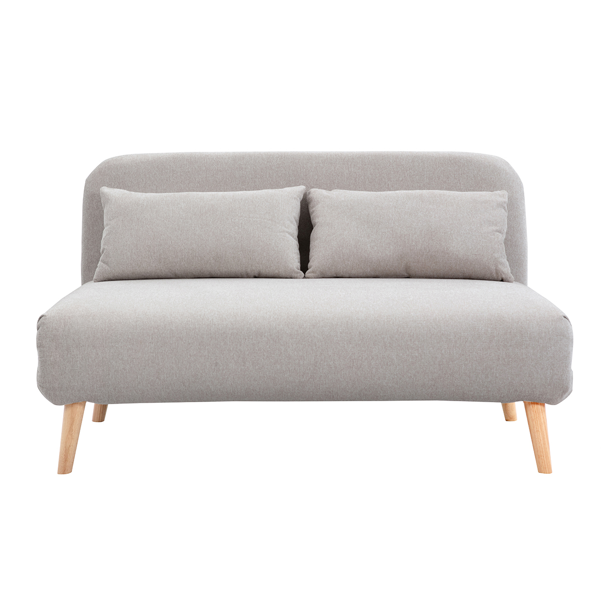 Poltrona letto 2 posti in tessuto effetto velluto beige testurizzato e legno chiaro AMIKO