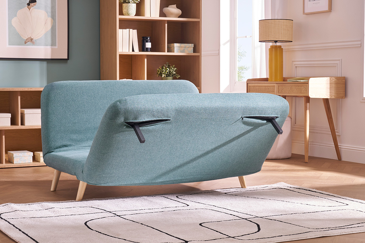 Poltrona letto a 2 posti in tessuto verde grigio e legno chiaro AMIKO