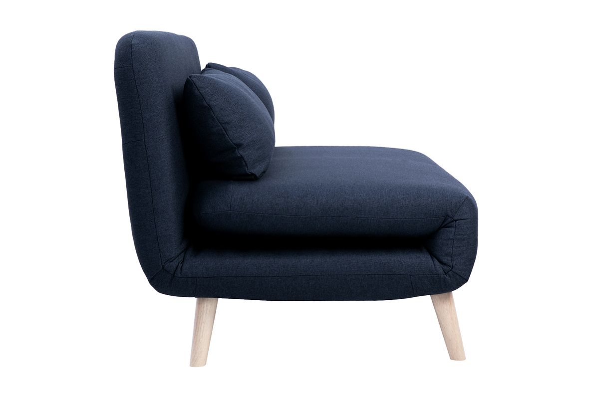 Poltrona letto a due posti convertibile in tessuto blu scuro e legno chiaro AMIKO