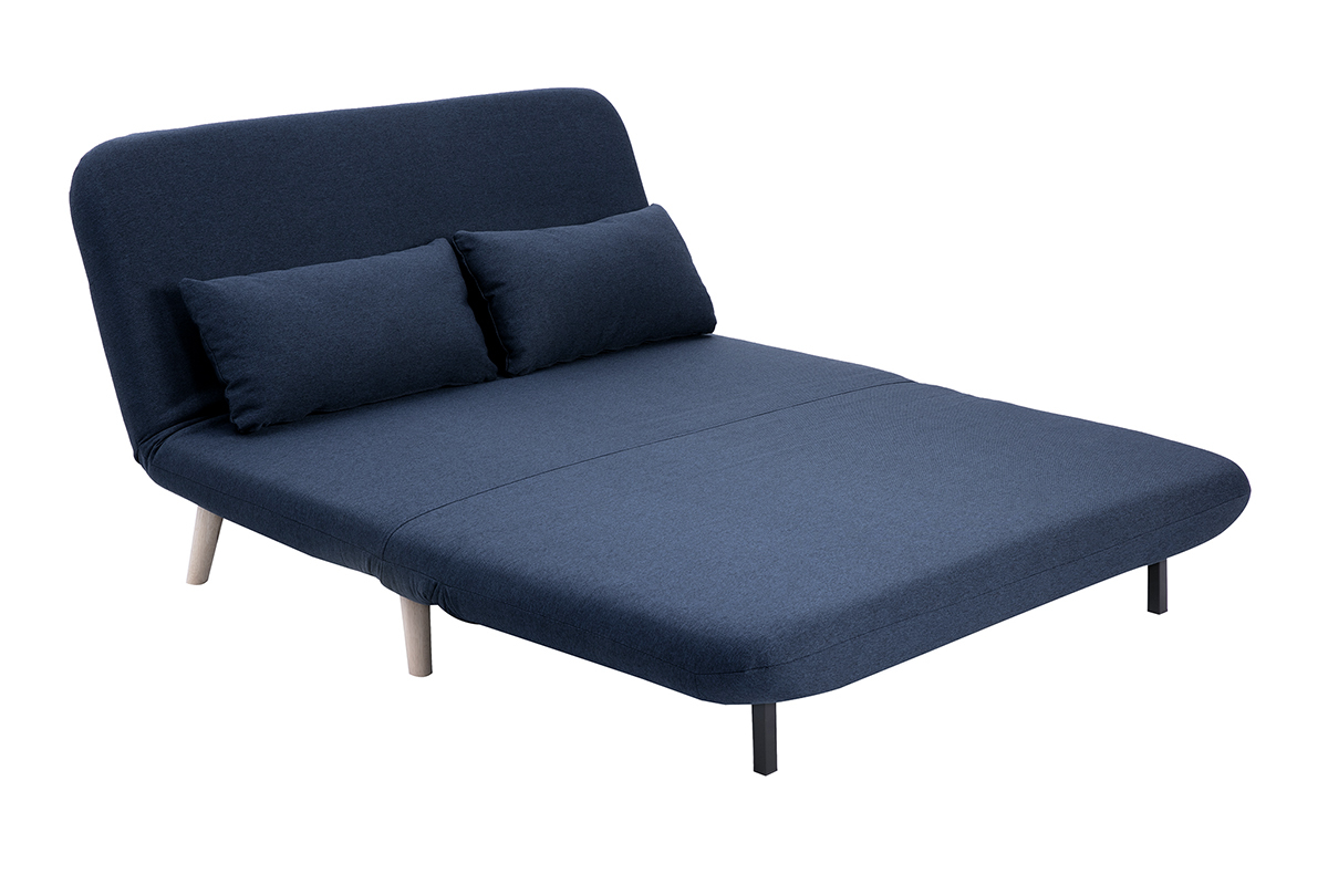 Poltrona letto a due posti convertibile in tessuto blu scuro e legno chiaro AMIKO